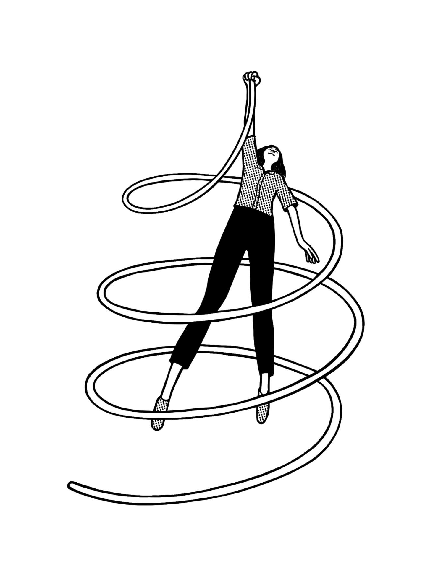 A person rising through a continuous upward spiral